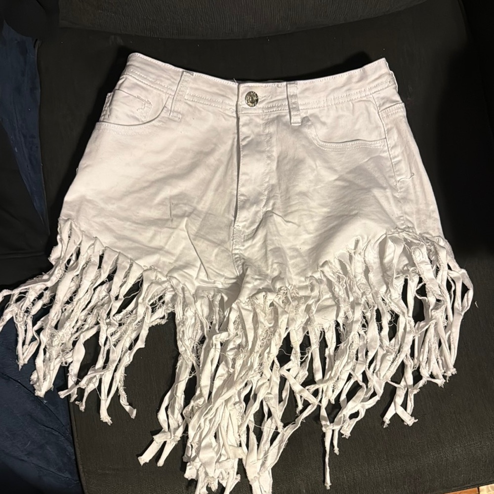 White Fringe Denim Shorts